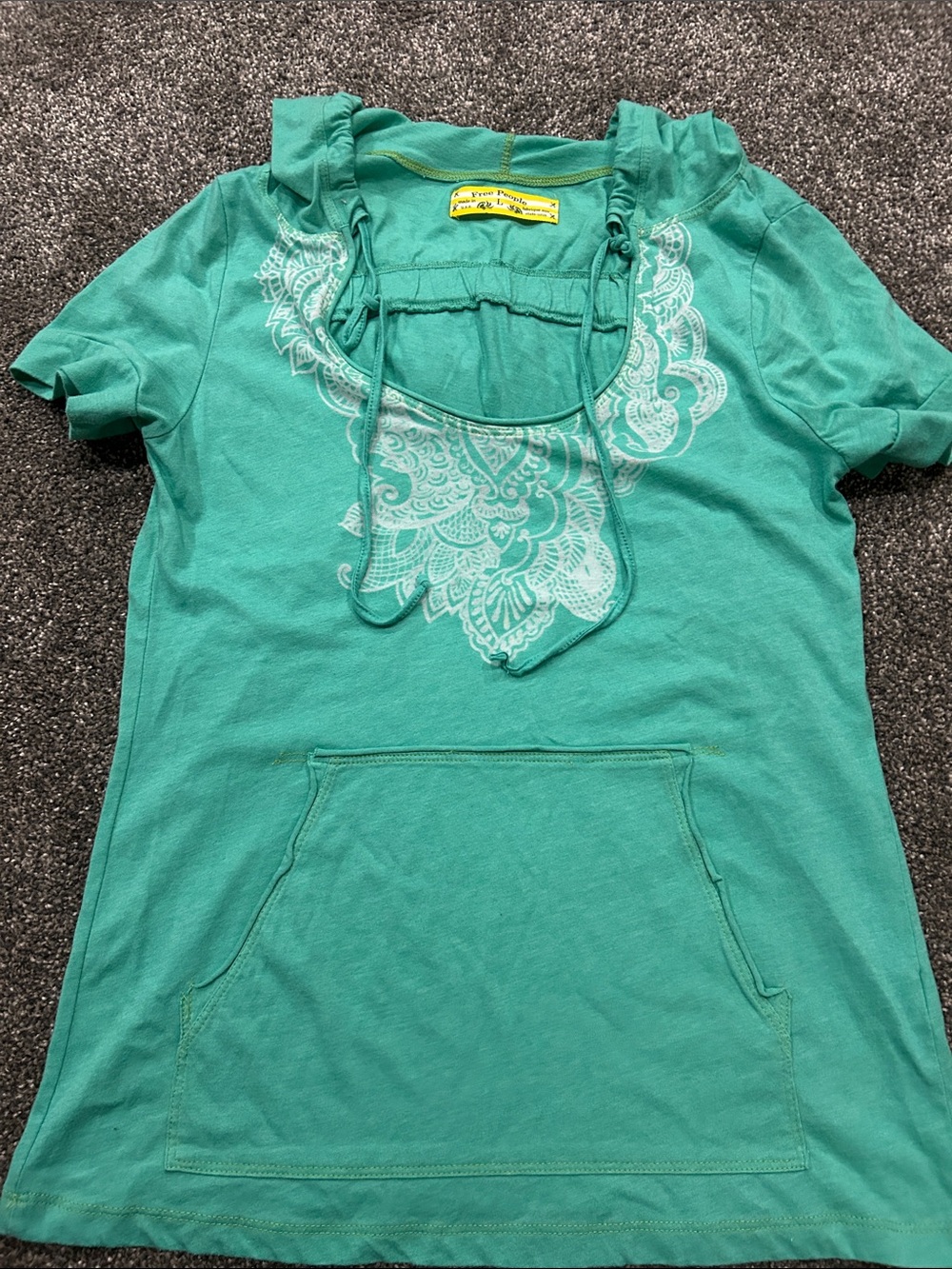 Free People Teal Short-Sleeve Hooded Top VINTAGE